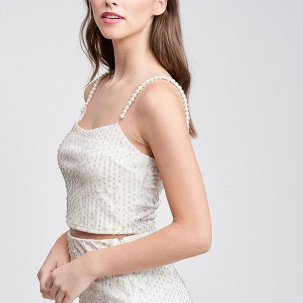 Emory Park Dark Cream/Greige Sequin Cropped Top with Pearl Straps